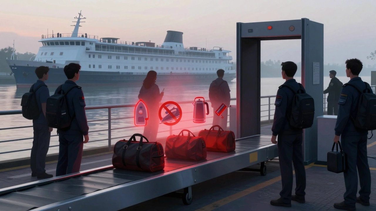 На причале досматривают багаж, чтобы исключить опасные электроприборы на борту