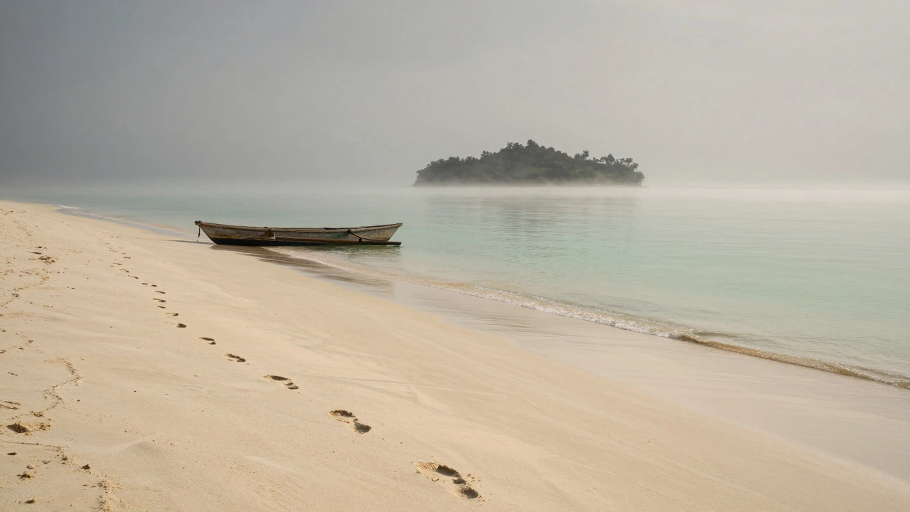 Одинокий пляж Лангкави на рассвете с пустым берегом и туманом.