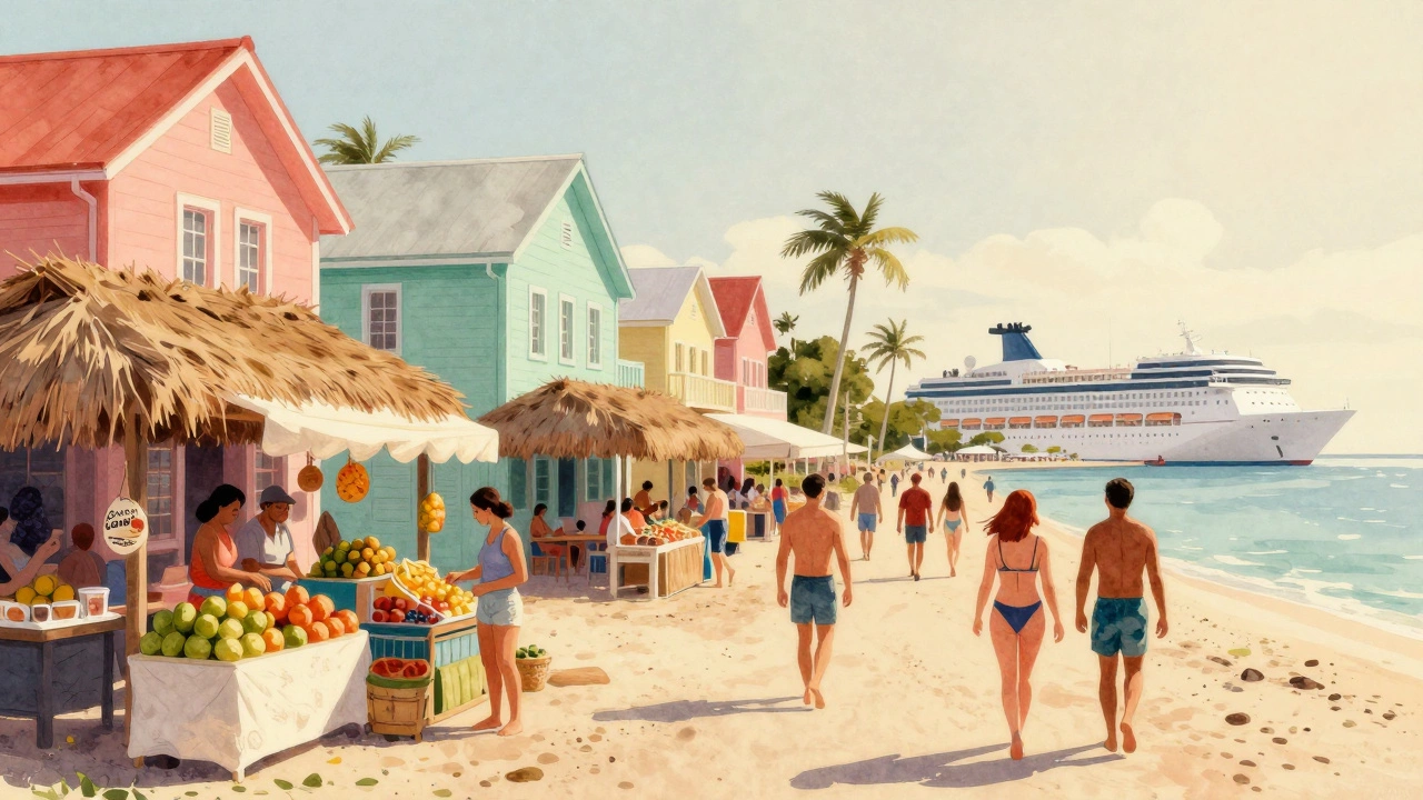 Пассажиры гуляют по яркой улице Нассау, вдали — круизный лайнер.