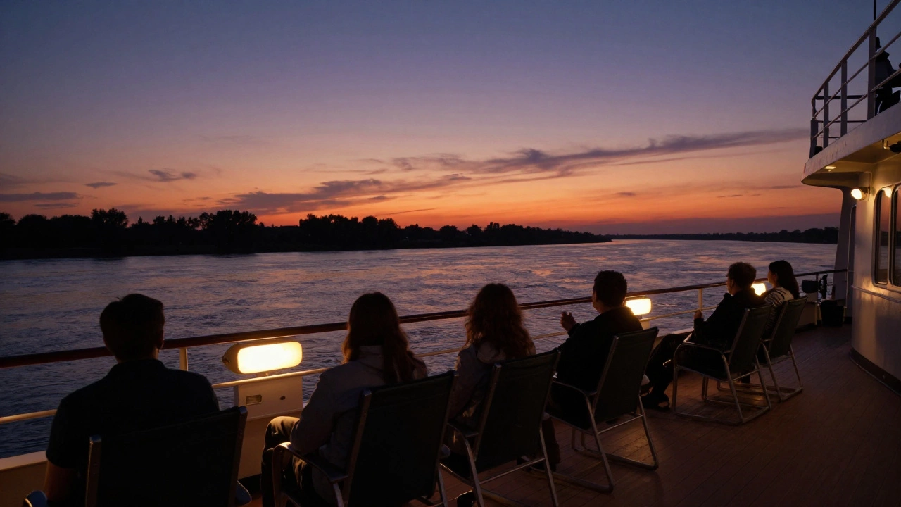Пассажиры отдыхают на палубе судна на закате над Волгой.