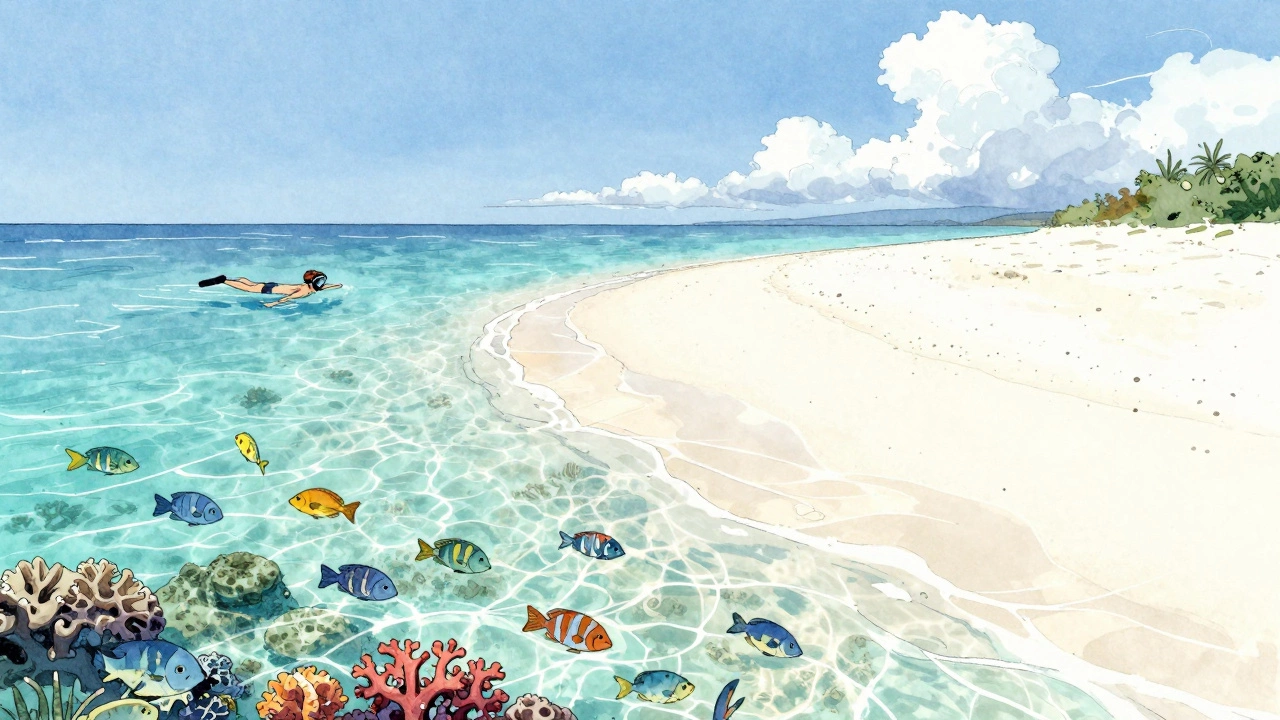 Пляж Боракай с белым песком и живыми кораллами под водой.