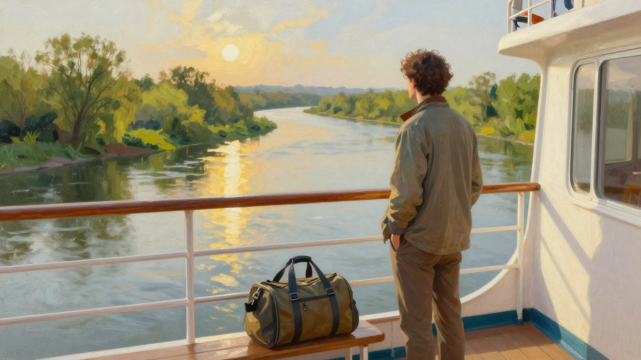 Путешественник отдыхает на палубе лайнера, наслаждаясь закатом над рекой