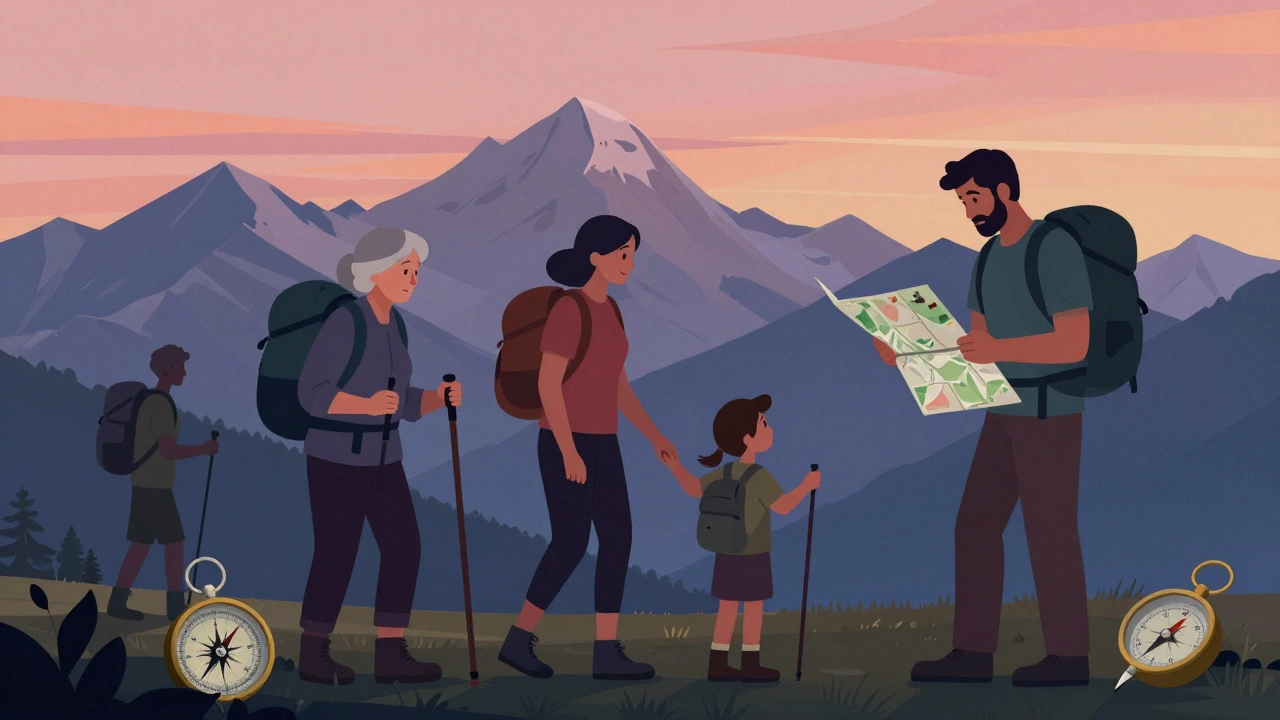 Разная группа туристов в горах Кавказа на рассвете, с картой и палками, без гаджетов.