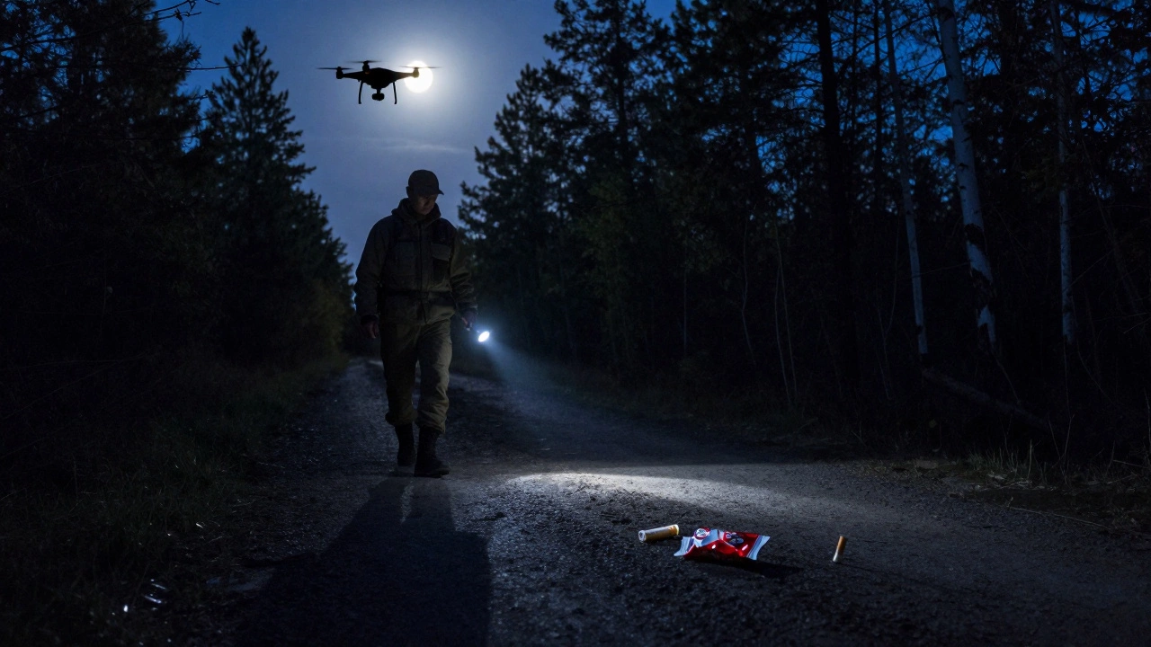 Рейнджер проверяет тропу ночью, в тени — брошенный мусор и запрещённый дрон.