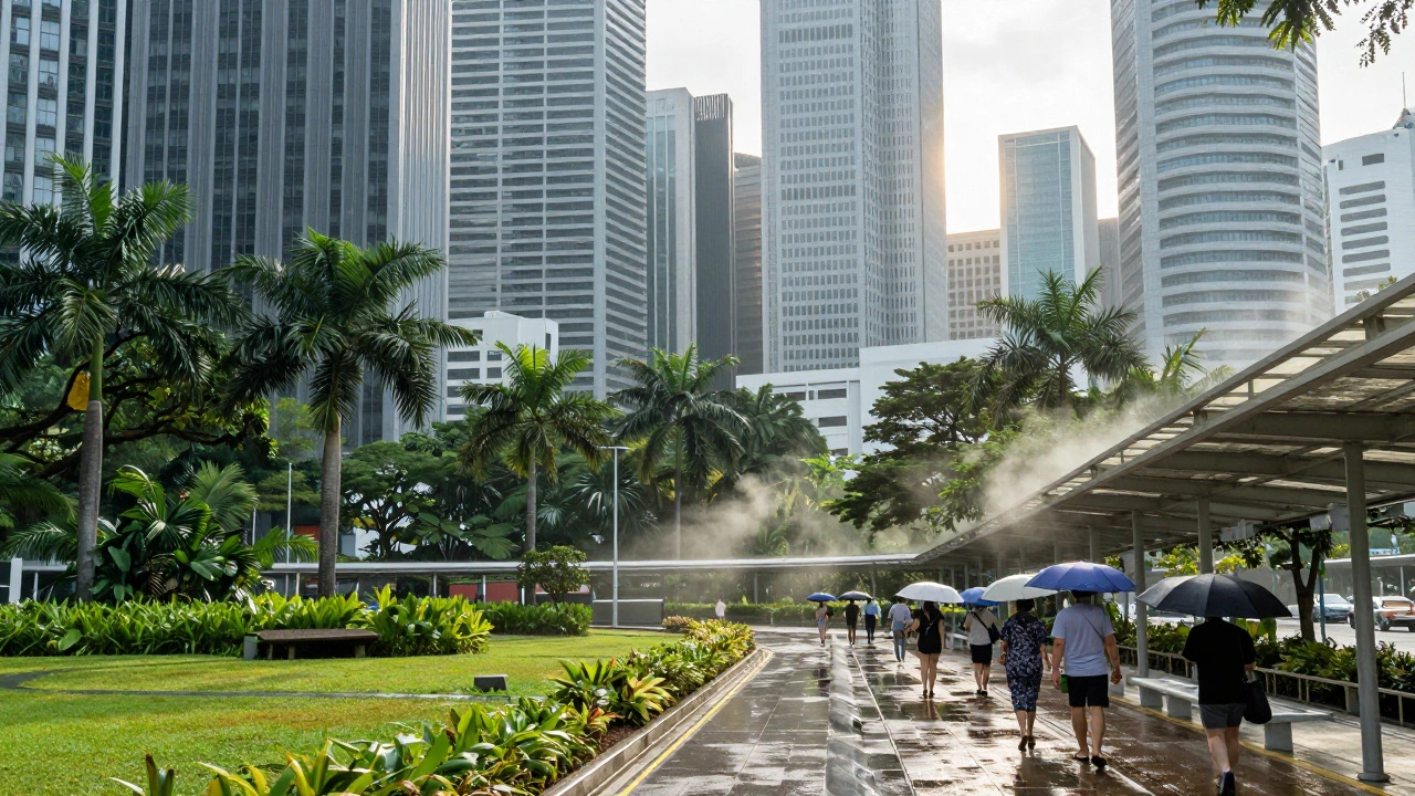 Сингапур после короткого дождя: здания, парки, люди без пальто — постоянная теплая погода.