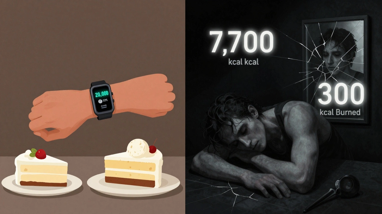 Сравнение: счастливый человек с фитнес-браслетом и десертом слева, истощенный человек с цифрами калорий справа в полумраке.