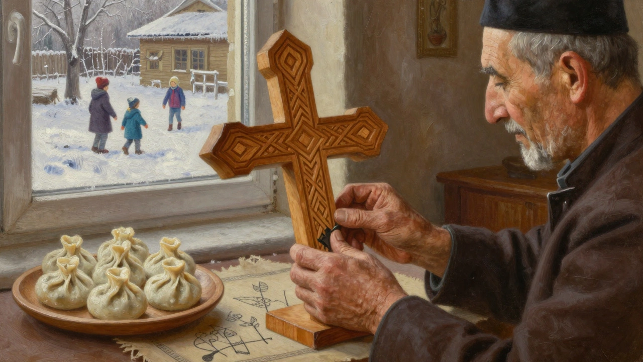 Старый мастер резьбы по дереву показывает技艺 молодому посетителю, за окном — зимний двор, на столе — пельмени и ритуальный узор.