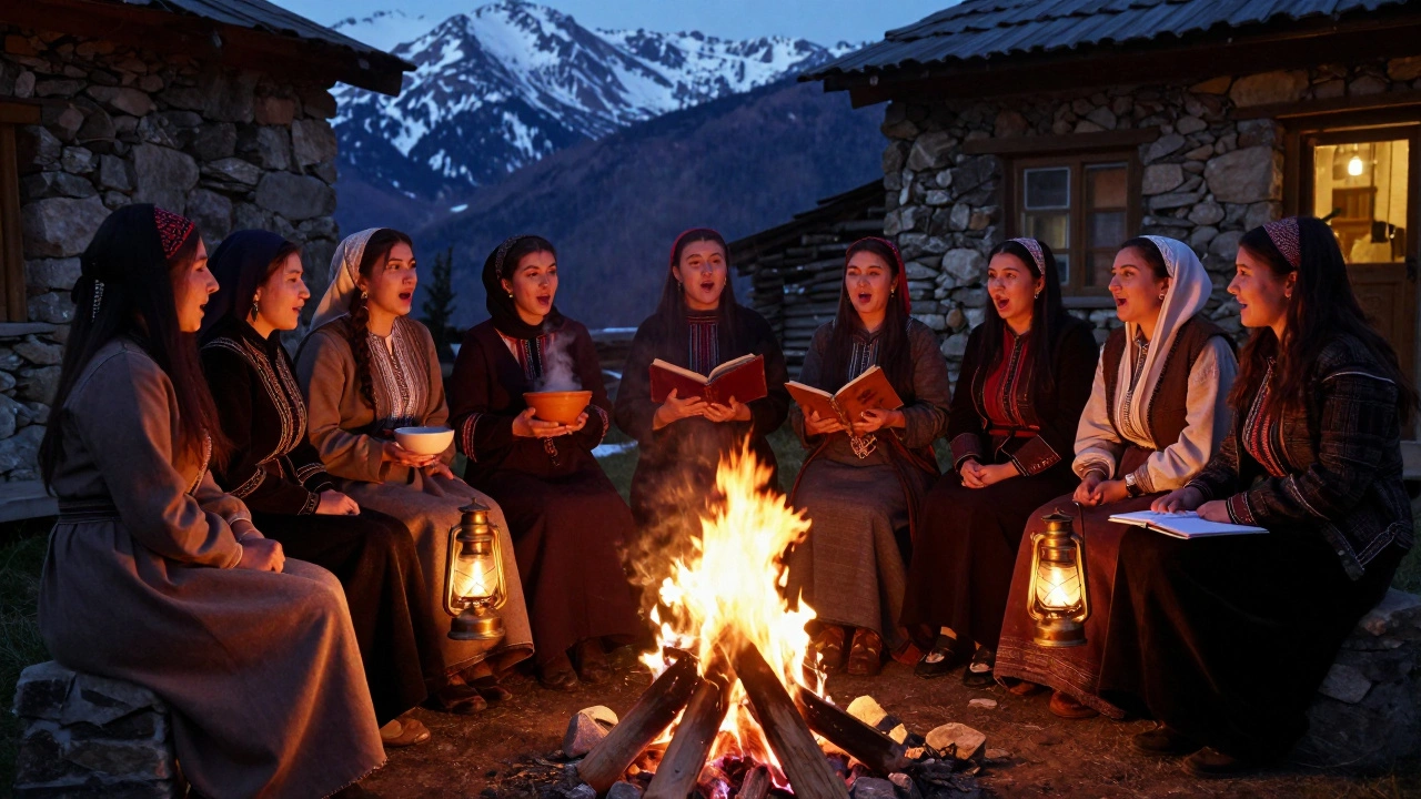 Три поколения женщин поют вместе у костра в горной деревне, турист слушает в тишине, свет ламп освещает их лица.