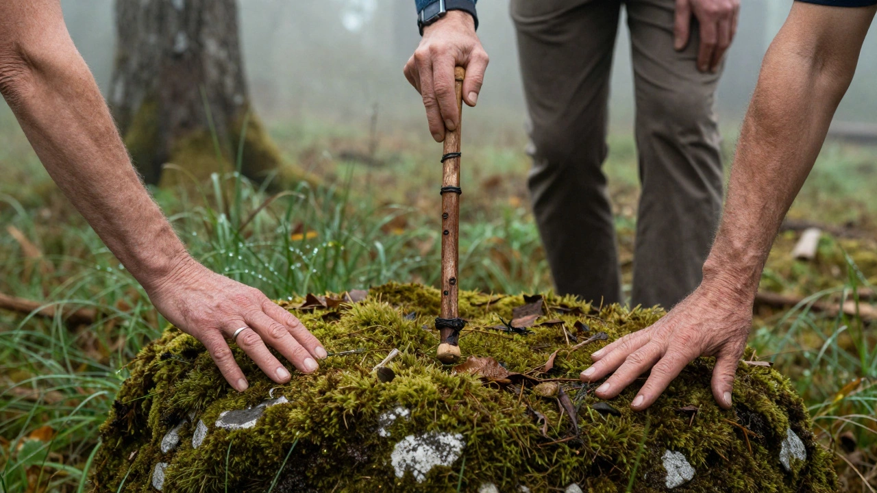 Три руки разных людей держат один посох на мху, символизируя разные жизненные пути в хайкинге.