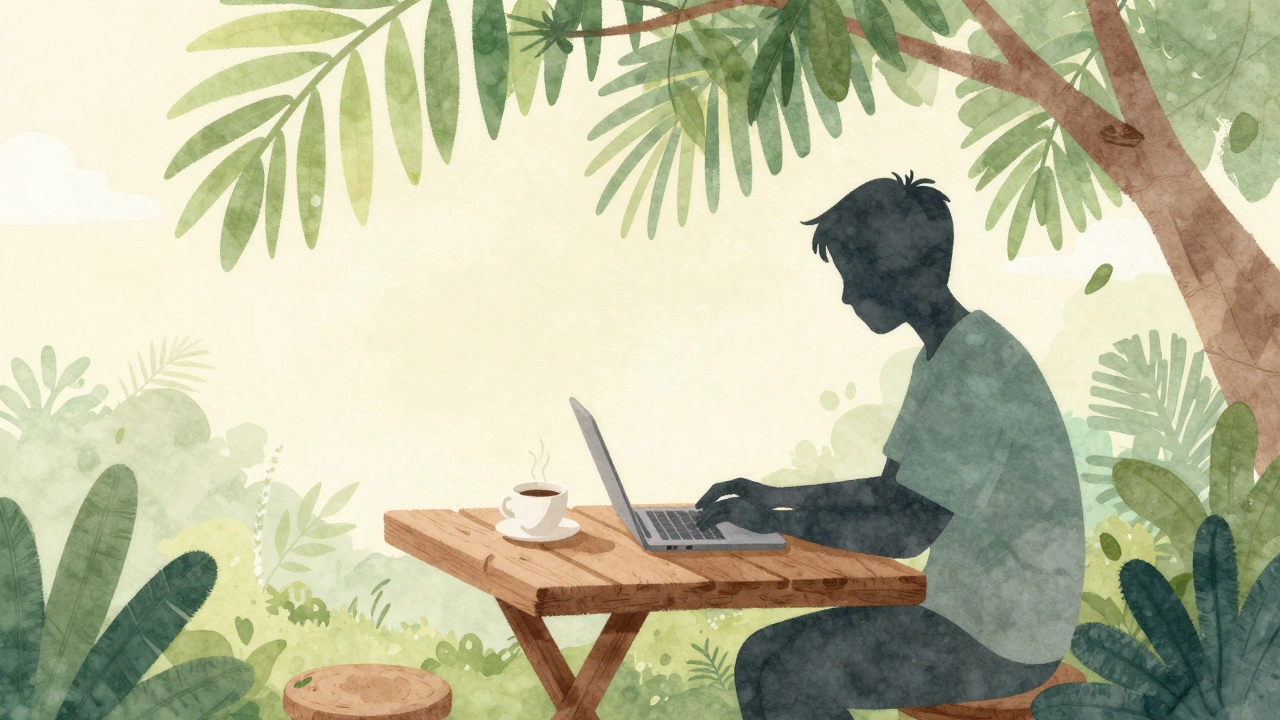 Удаленный работник за ноутбуком в саду с чашкой кофе