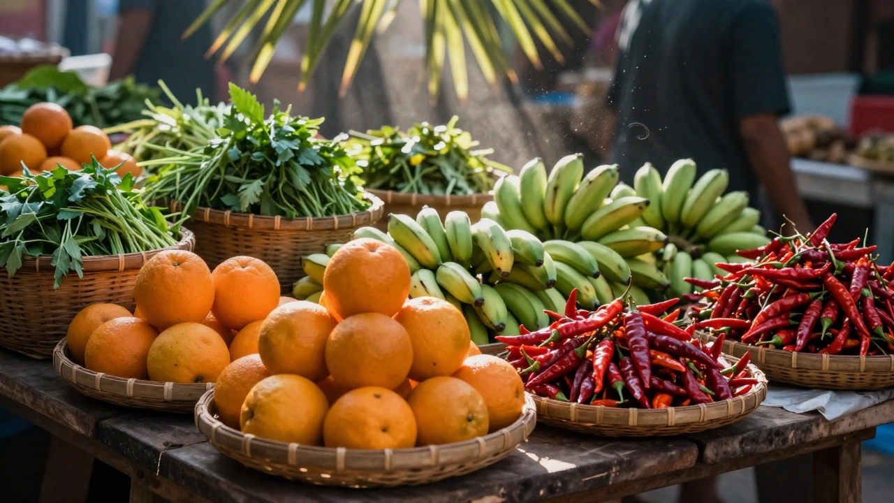 Витрина местного рынка с экзотическими фруктами и специями