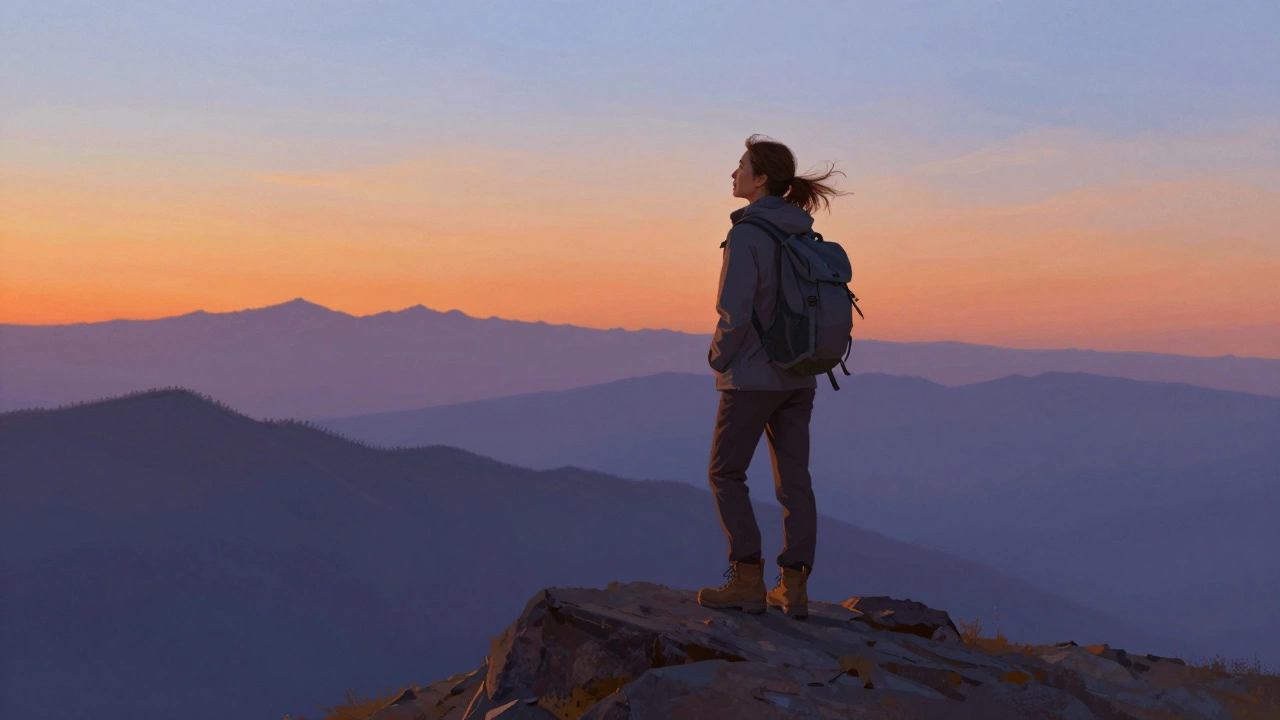 Женщина на скалистом хребте на закате в Алтае, одна, в спокойной позе, без гаджетов.