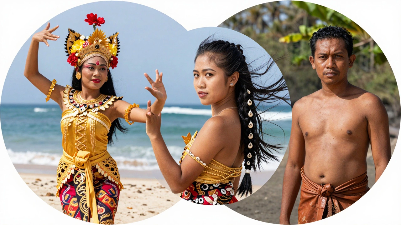 Женщины из разных островов Индонезии: танцовщица, с косами и в кожаной набедренной повязке, в единой композиции.