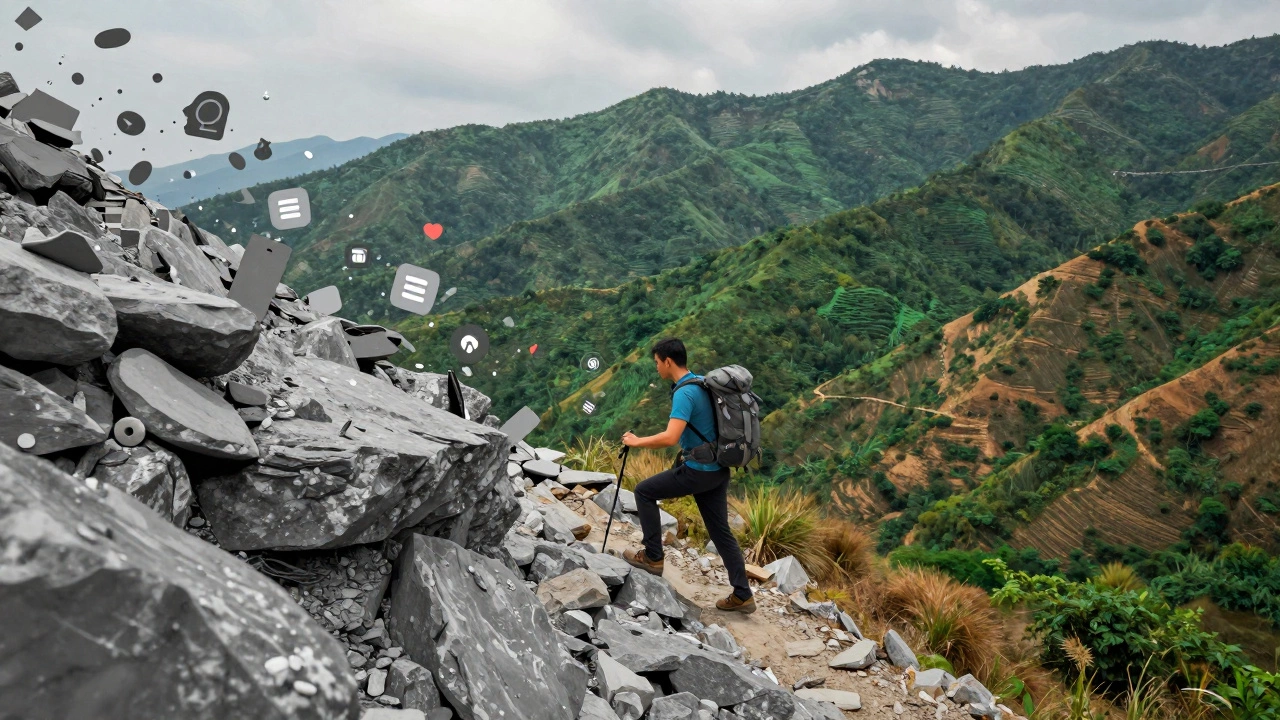 Альпинист переходит из шумного города в спокойствие гор