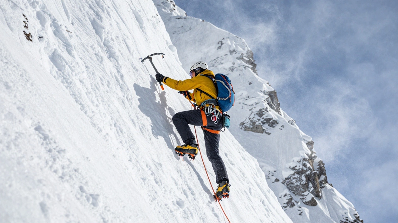 Альпинист в специальном снаряжении поднимается по ледяной стене