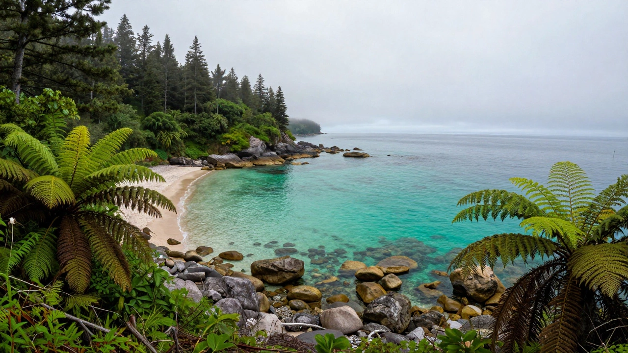 Дикий пляж с прозрачной водой и папоротниками на Дальнем Востоке