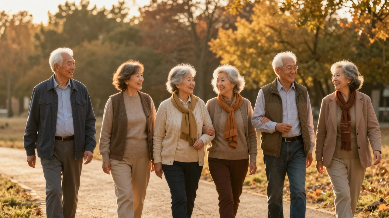 Группа пожилых друзей гуляет вместе в осеннем лесу в лучах заходящего солнца