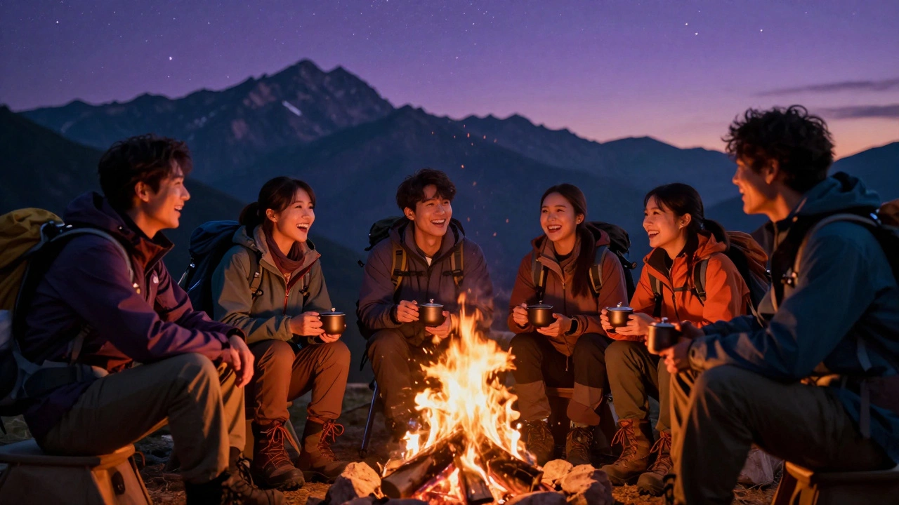 Группа туристов у костра в горах под звездным небом