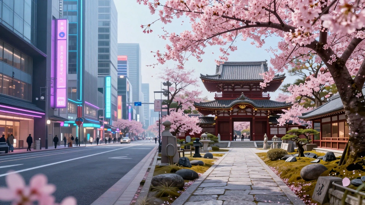 Контраст современного Токио и традиционного храма с сакурой в Киото