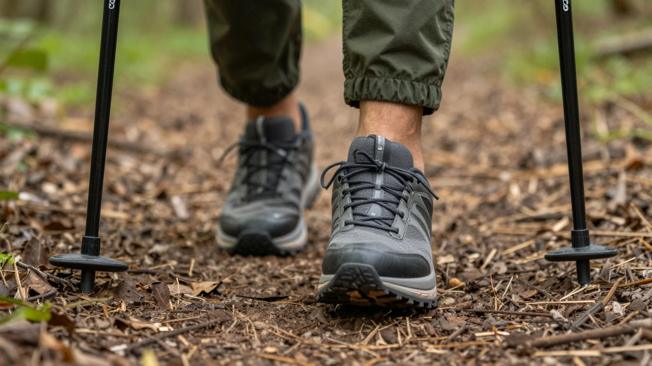 Кроссовки с хорошей амортизацией и палки для скандинавской ходьбы на тропе