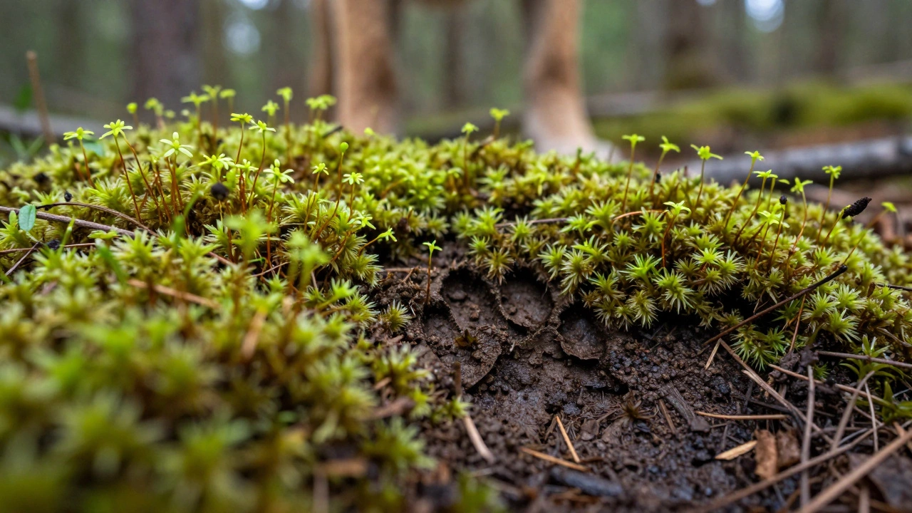 Отпечаток собачьей лапы на редком лесном мху и мелких растениях