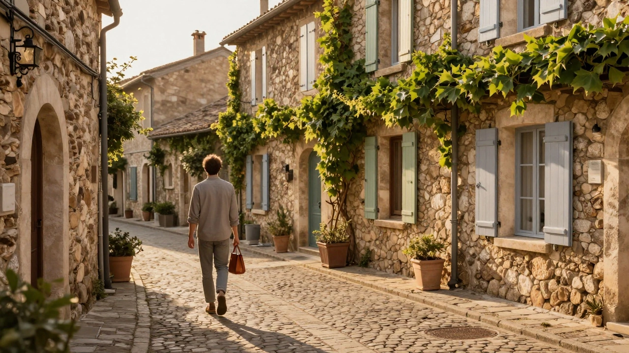 Путешественник на тихой улочке маленькой европейской деревни в лучах закатного солнца