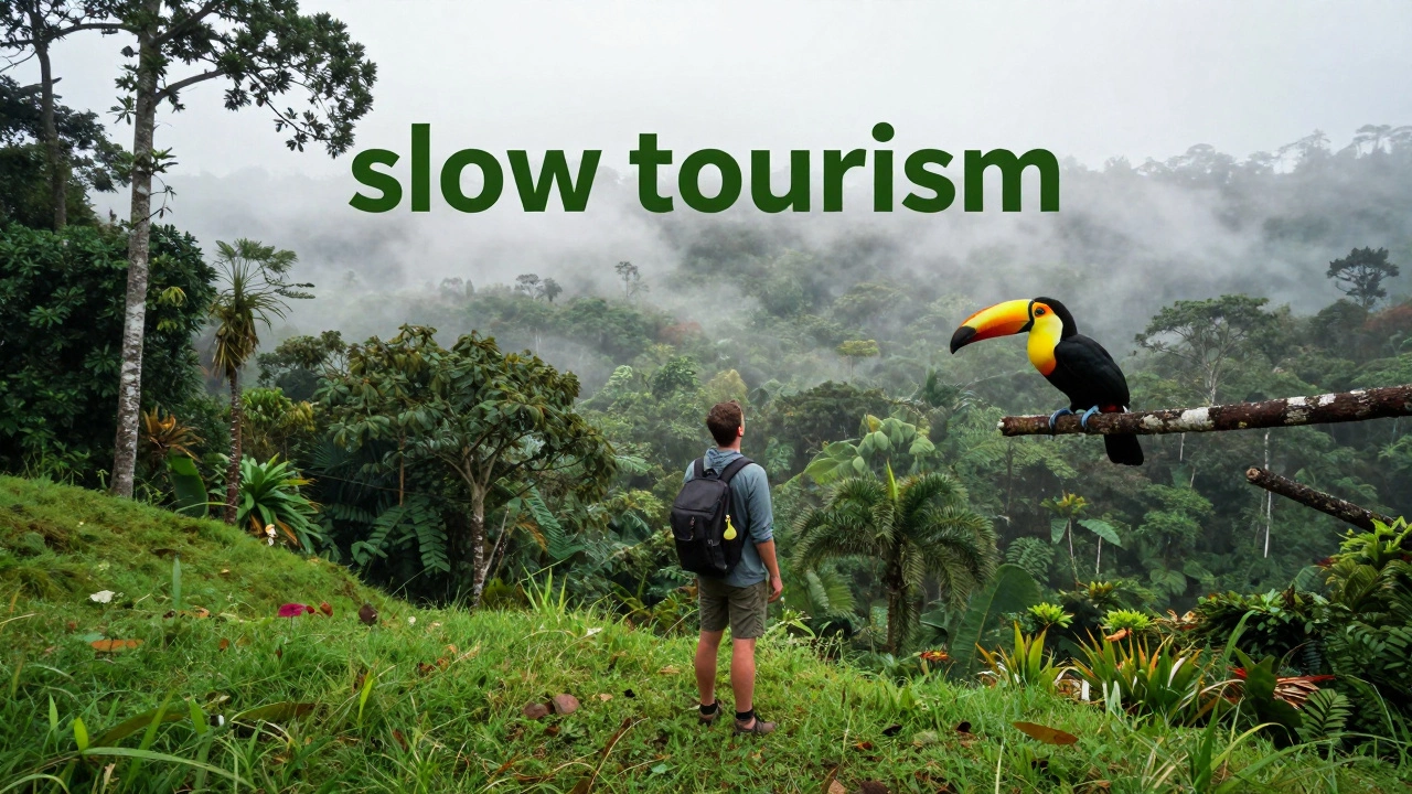 Путешественник в тропических лесах Коста-Рики с туканом на ветке