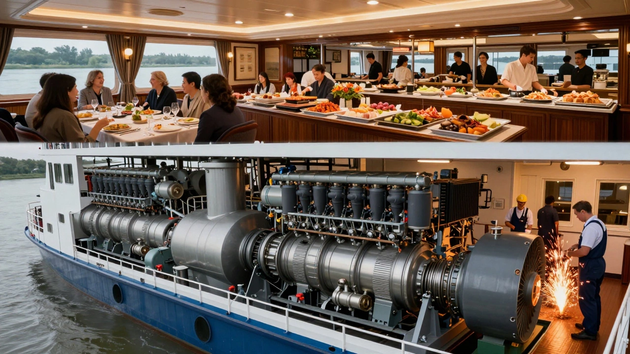 Сравнение роскошного ресторана на палубе и сложного машинного отделения теплохода