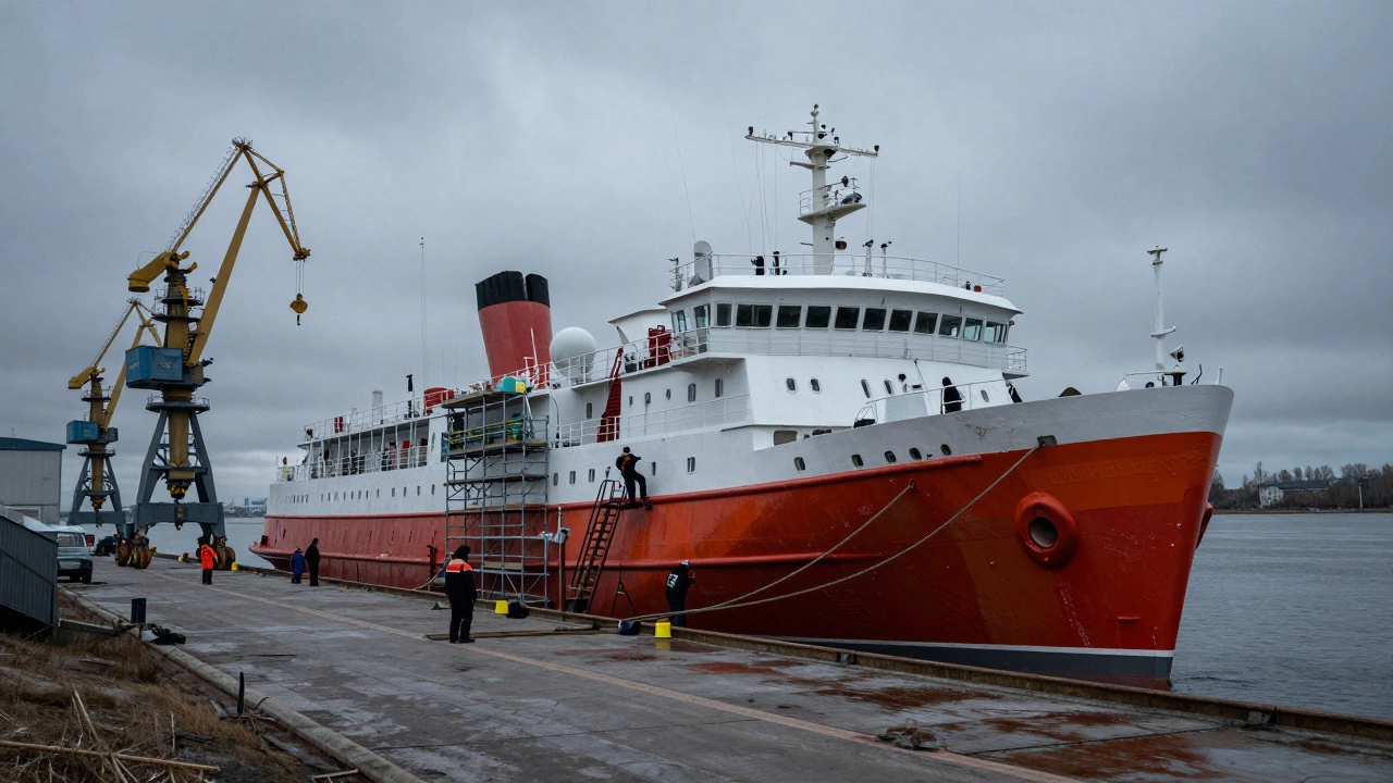 Теплоход на зимнем ремонте в доке в окружении строительных лесов под серым небом