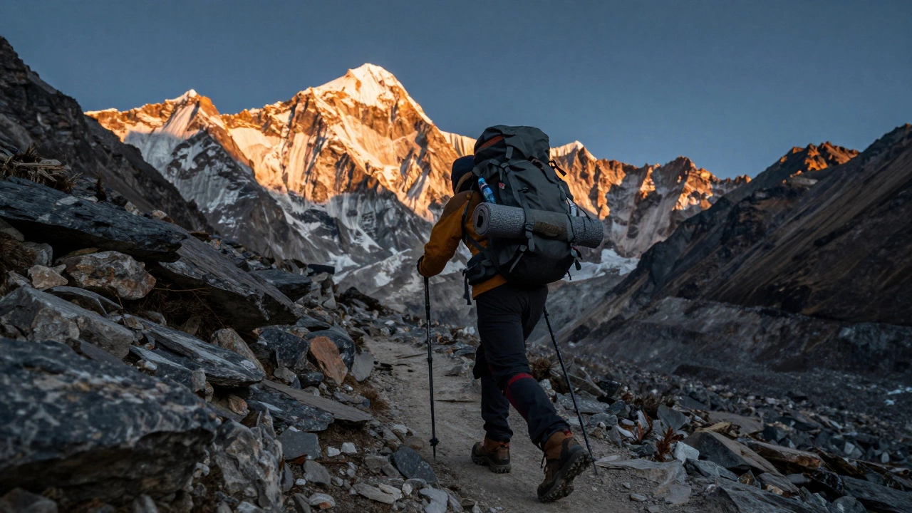 Треккер с большим рюкзаком идет по горному перевалу
