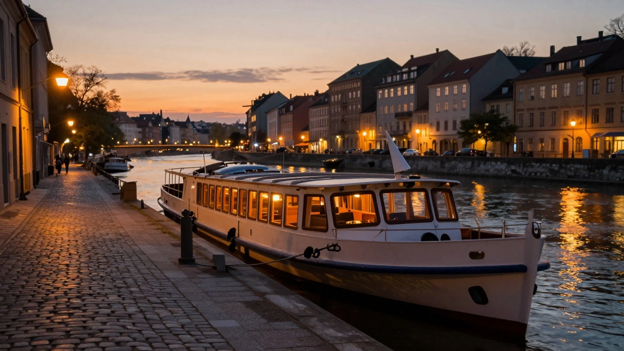 Уютный речной круизный корабль, пришвартованный в центре старинного европейского города на закате