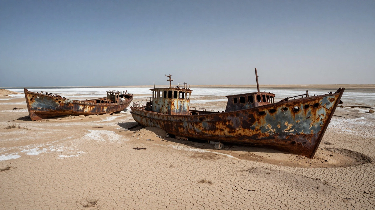 Ржавые корпуса кораблей на сухом дне Аральского моря в Муйнаке