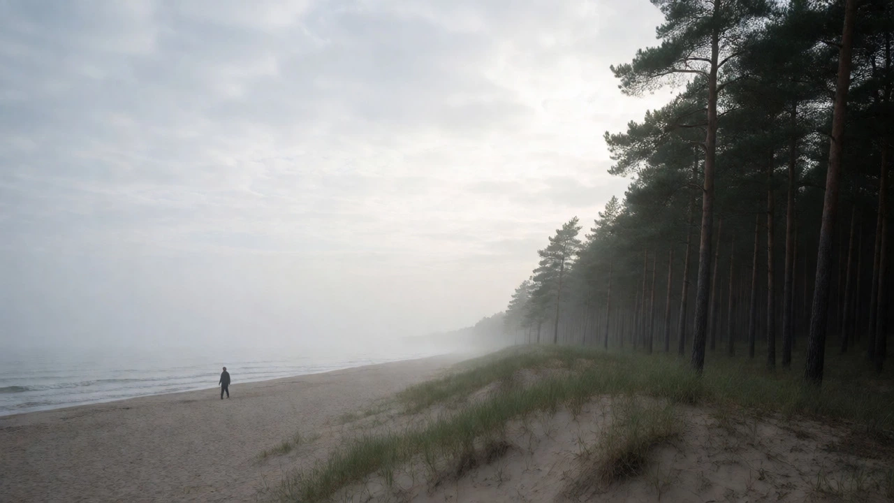 Прогулка по балтийскому пляжу в сосновом лесу